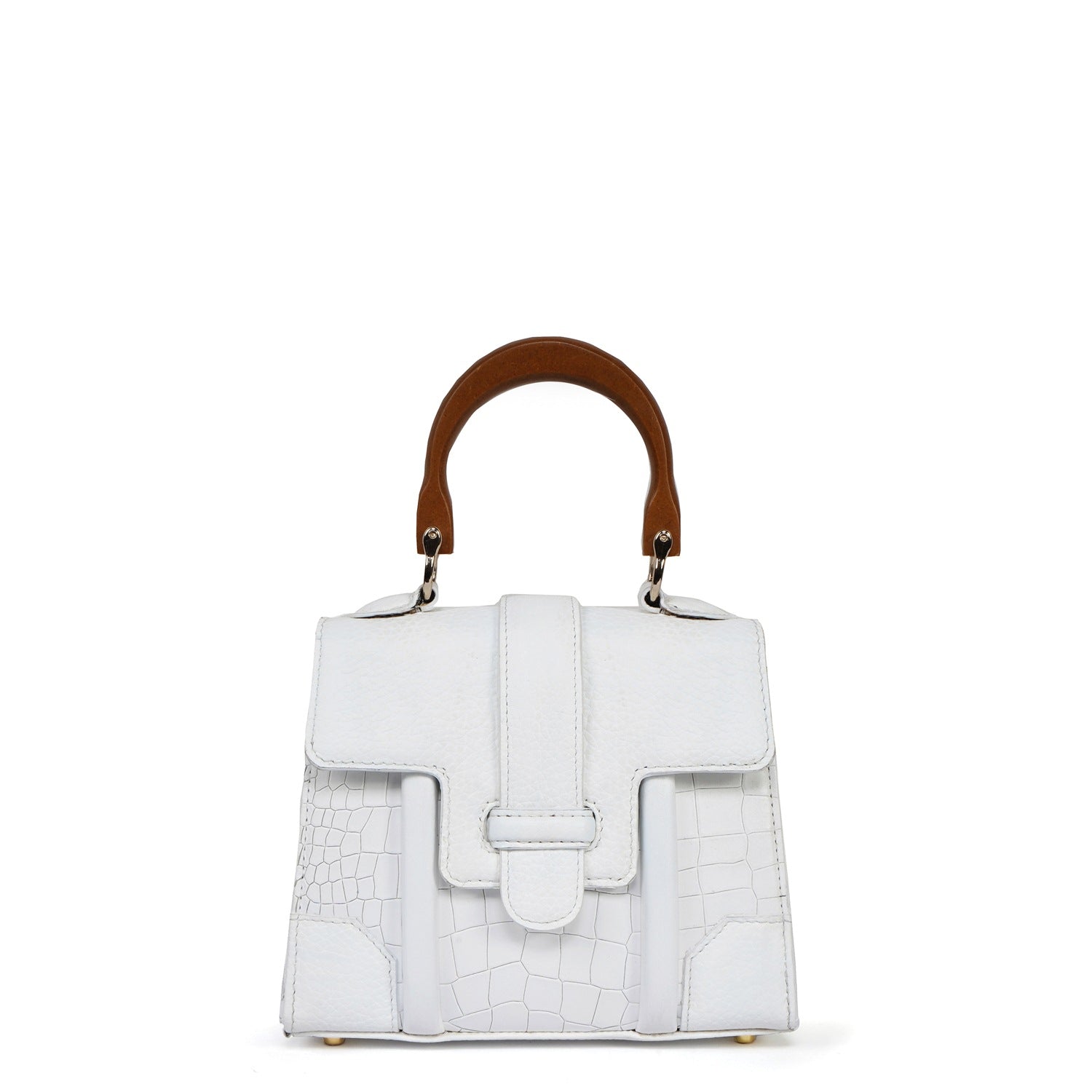 White Genuine Leather Mini Handbag with Wooden Handle - Stylish Croc Texture Design