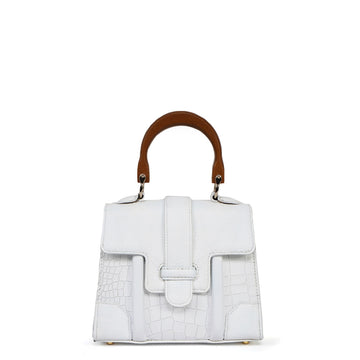 White Genuine Leather Mini Handbag with Wooden Handle - Stylish Croc Texture Design