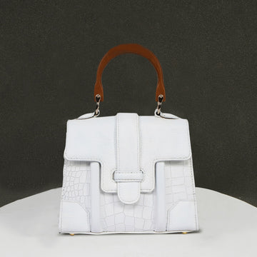 White Genuine Leather Mini Handbag with Wooden Handle - Stylish Croc Texture Design