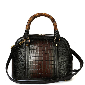 Croco-Embossed Smokey Brown Leather Handbag with Bamboo Handles