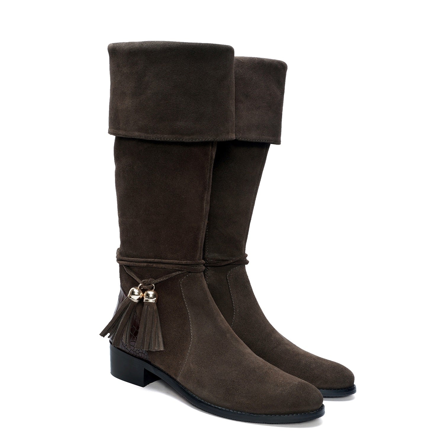 Fold Down Suede Leather Tassel Long Boots