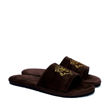 Embroidered Lion Logo Dark Brown Two Tone Full Velvet Women Slippers By Brune & Bareskin