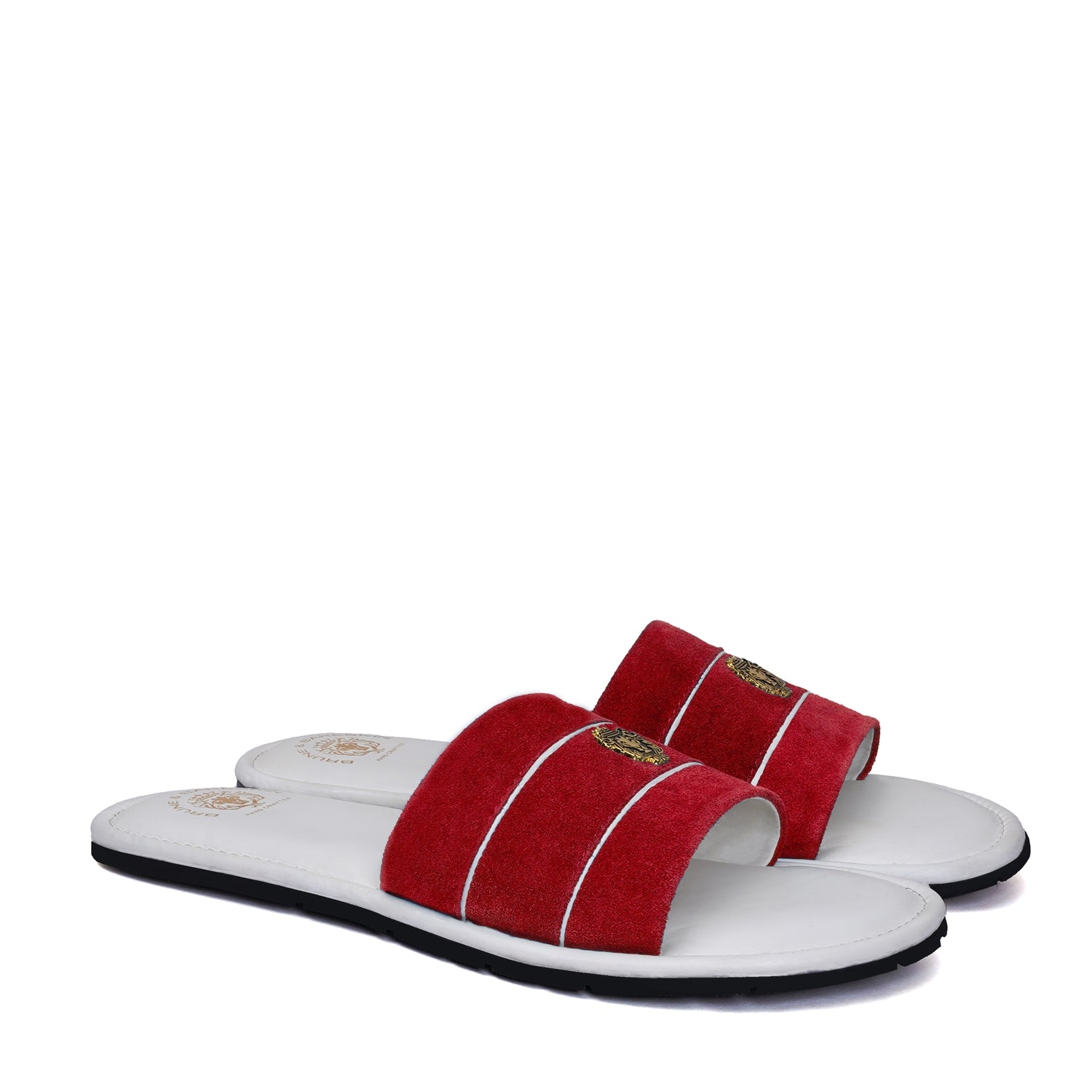 Women's Red Velvet Strap White Leather Slide-in Slippers by BRUNE & BARESKIN