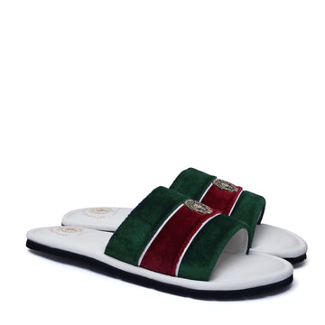 Women's Green & Red Velvet Strap White Leather Slide-in Slippers by BRUNE & BARESKIN