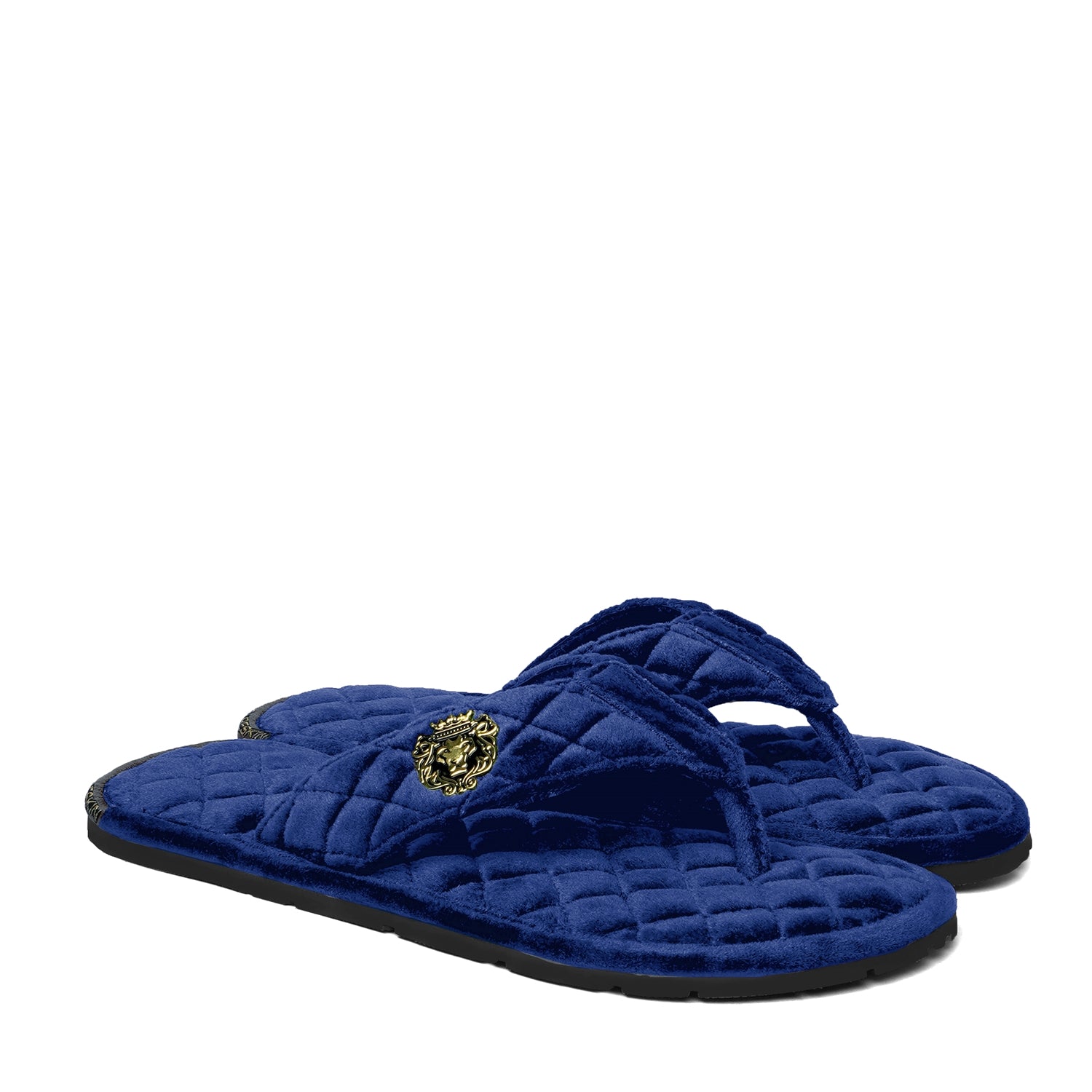 Women V-Strap Blue Full Quilted Soft Italian Velvet Slippers By Brune & Bareskin