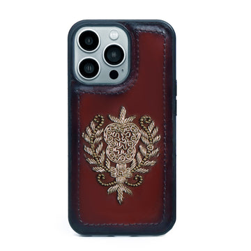 Apple iPhone Series Dark Brown Leather Crest Zardosi Mobile Cover