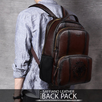 Dark Brown Saffiano Leather Backpack with Embossed Lion