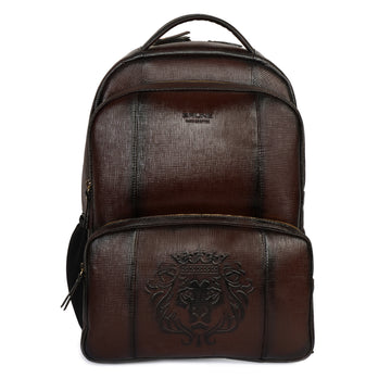 Dark Brown Saffiano Leather Backpack with Embossed Lion