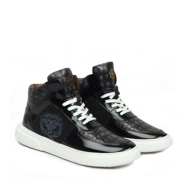 Men's Black White Patent Leather detailing Mid Top Sneakers By Brune 