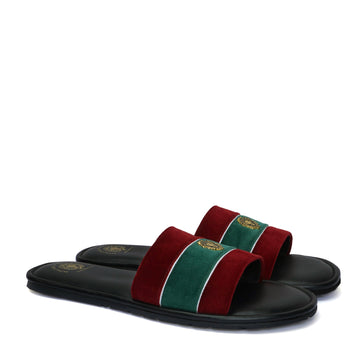 Red and Green Velvet Strap Black Leather Slide-in Slippers by BRUNE & BARESKIN