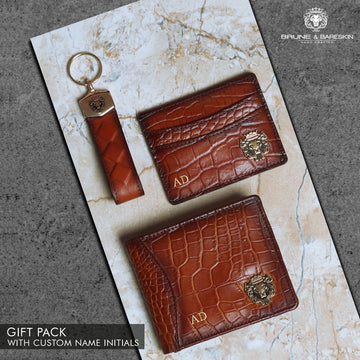 Tan Combo Croco Leather Wallet, Card Holder and Stylish Key Chain By Brune & Bareskin