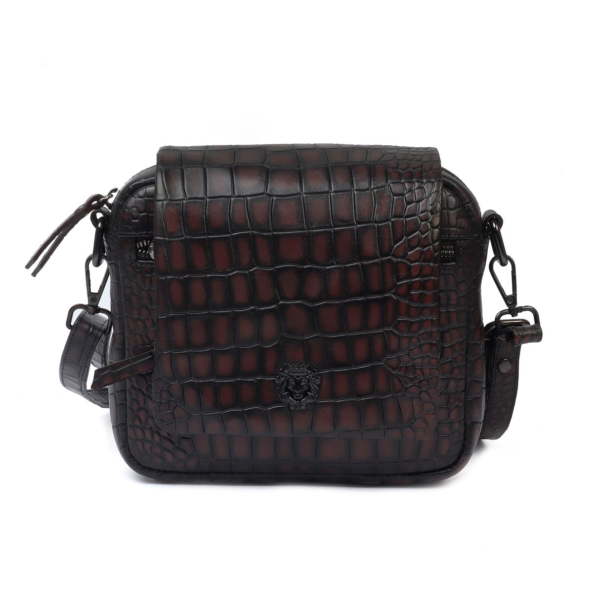 Unisex Smokey Dark Brown Croco Print Leather Multi-Pockets Cross-body Bag by Brune & Bareskin