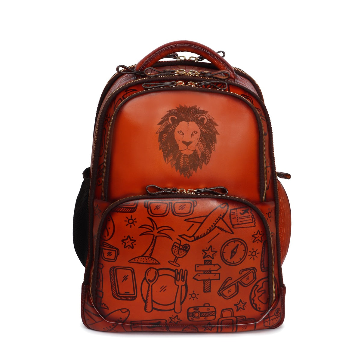 Personalized Laser Lion Hand Painted Doodle Art Tan Leather Backpack B