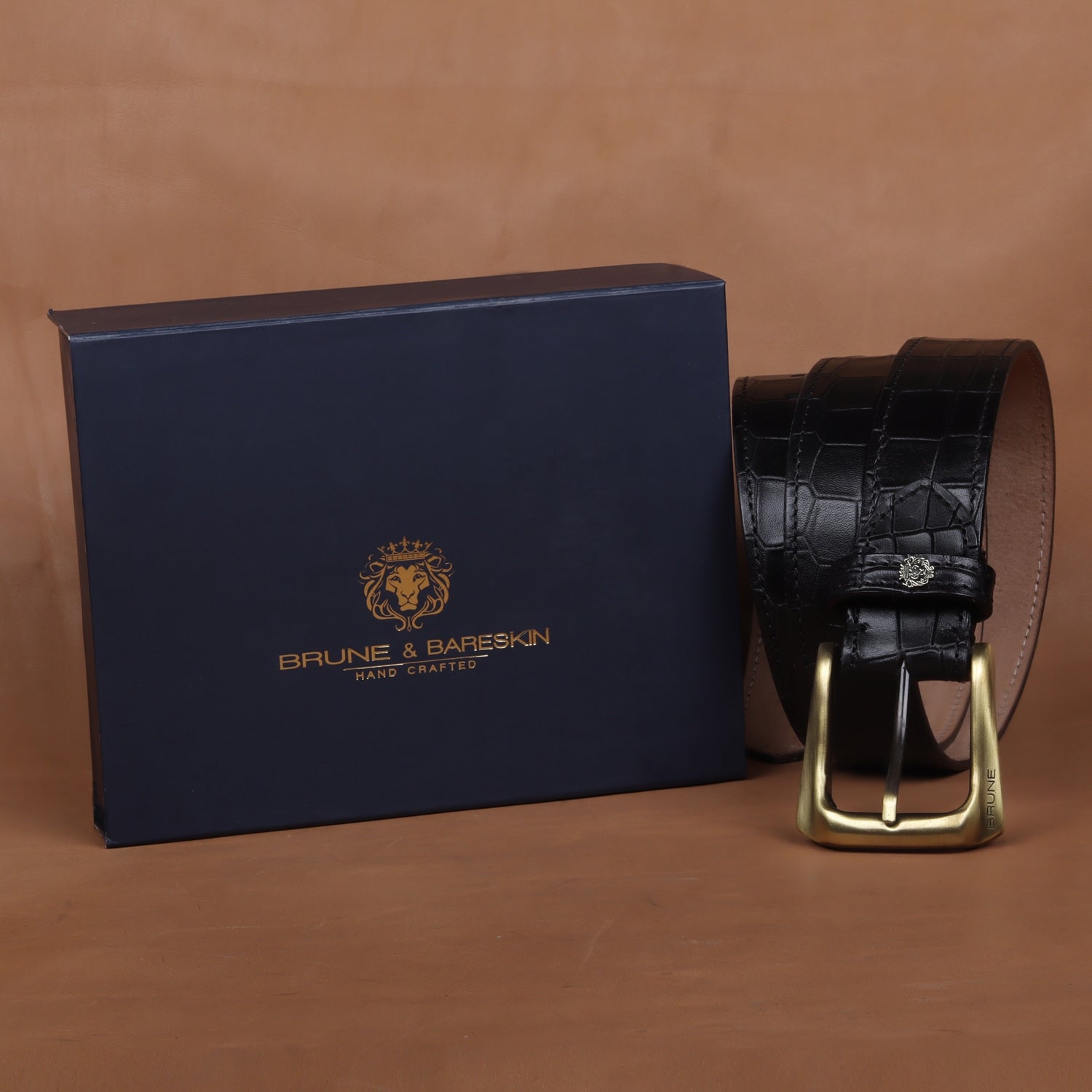 Smokey Gold Slant Shape Buckle With Mini Lion Black Leather Belt For Men By Brune & Bareskin 36