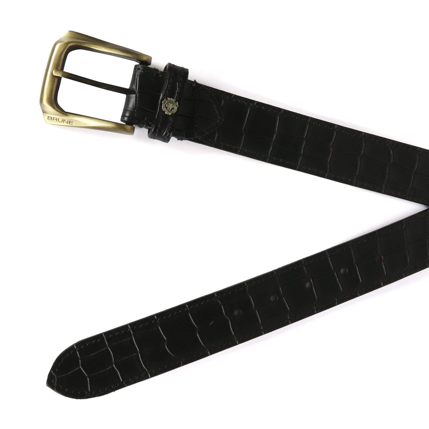 Smokey Gold Slant Shape Buckle With Mini Lion Black Leather Belt For Men By Brune & Bareskin 36