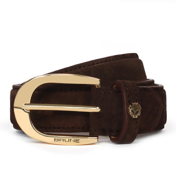 Mini Lion Dark Brown Suede Leather Oval Shape Buckle Men's Formal Belt