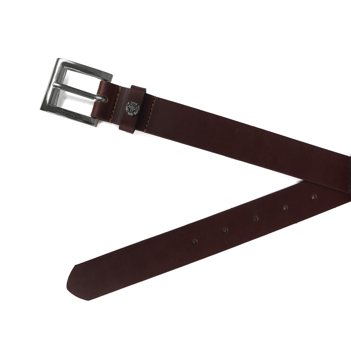 Thin leather belt with loop, buckle and tip in metal, dark brown