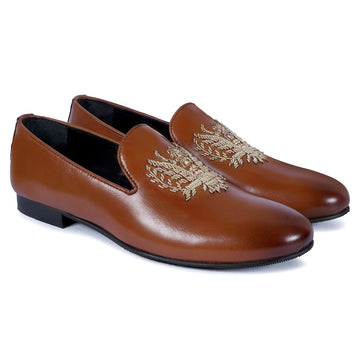 Tan Genuine Leather Slip-On Shoes For Men with Eagle Crest Zardoasi