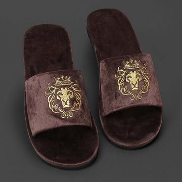 Navy Blue and Beige Leather Baby Slipper Embroidered Lion to 