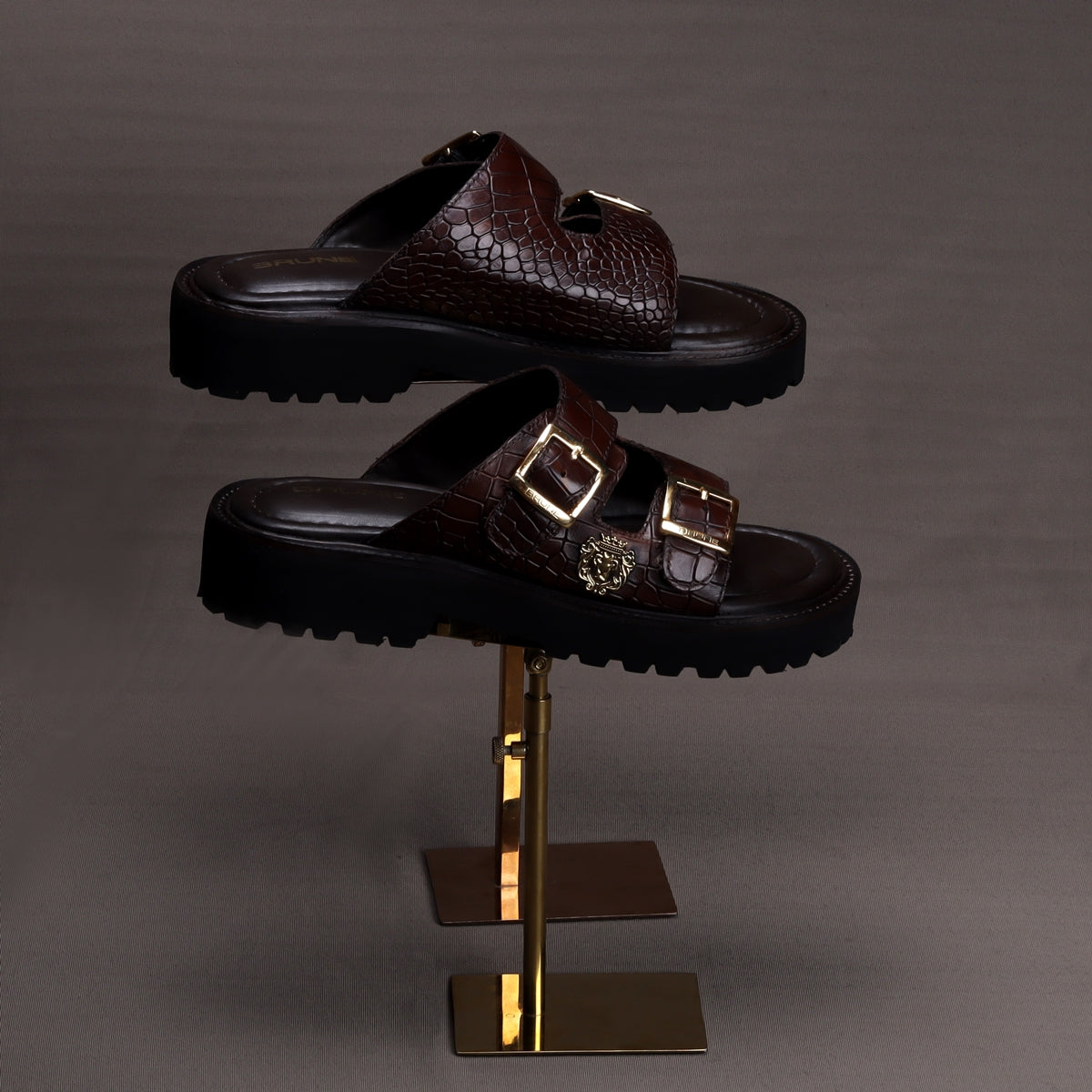 Louis Vuitton, Black & Brown Rubber Sandal Monogram Strap Adjustable St