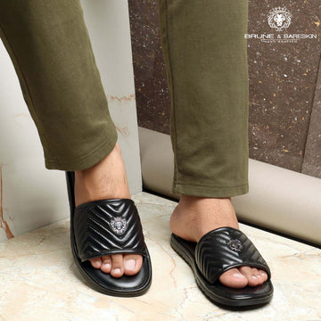 Black Leather Zig-Zag Strap Comfy Slide-in Slippers By Brune & Bareskin