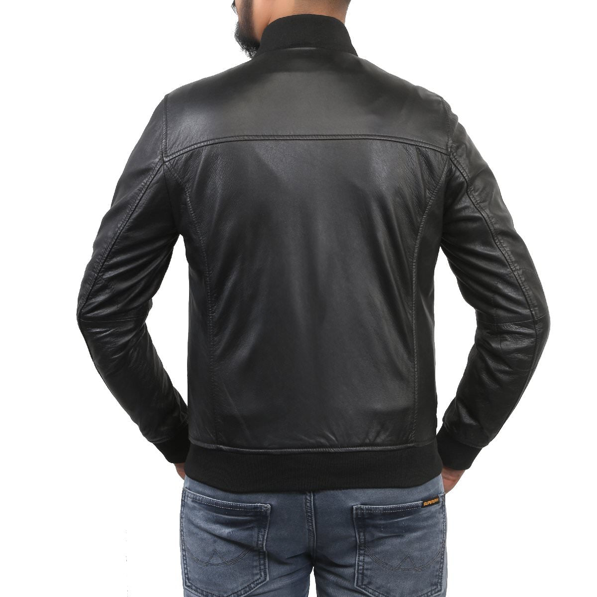 Bareskin Men's Rib Collar Zipper Black Leather Jacket