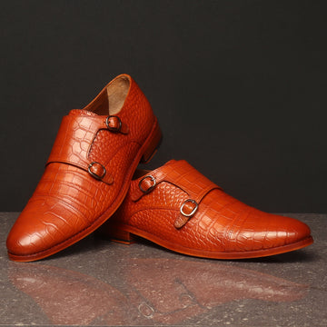 Tan Croco Leather Double Monk With Leather Sole Shoes By Brune & Bareskin