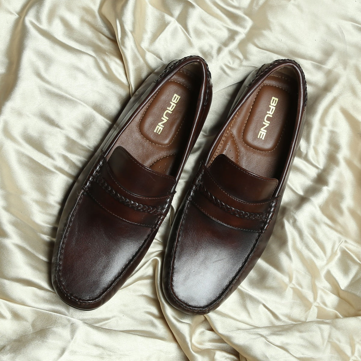 Dark Brown Leather Penny Loafers with Weaved Leather Embellishments by