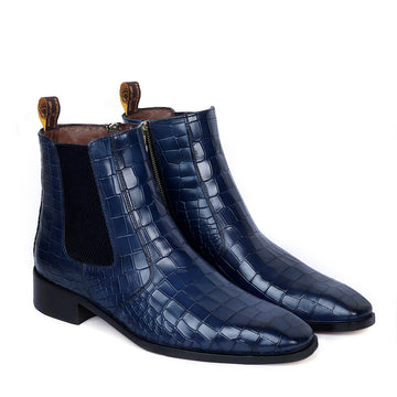 Blue Deep Cut Leather Chelsea Boots with Zip Closure