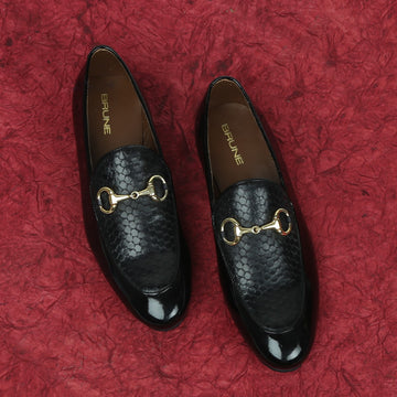 Buy Black Leather And Stone Washed Fabric Dabak Horse-bit Buckle Loafers  For Men by Artimen Online at Aza Fashions.