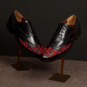 Red Leather Formal Lace-Up Shoes Black Zardosi Wingtip Toe by Brune & Bareskin 44/10