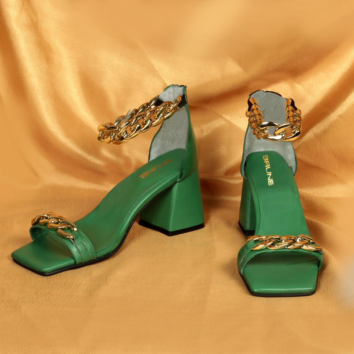 Green Blocked Heel Ladies Partywear Sandals with Golden Chain Embellis