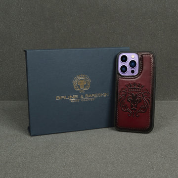 Wine Leather Lion Embossed Mobile Cover by Brune & Bareskin