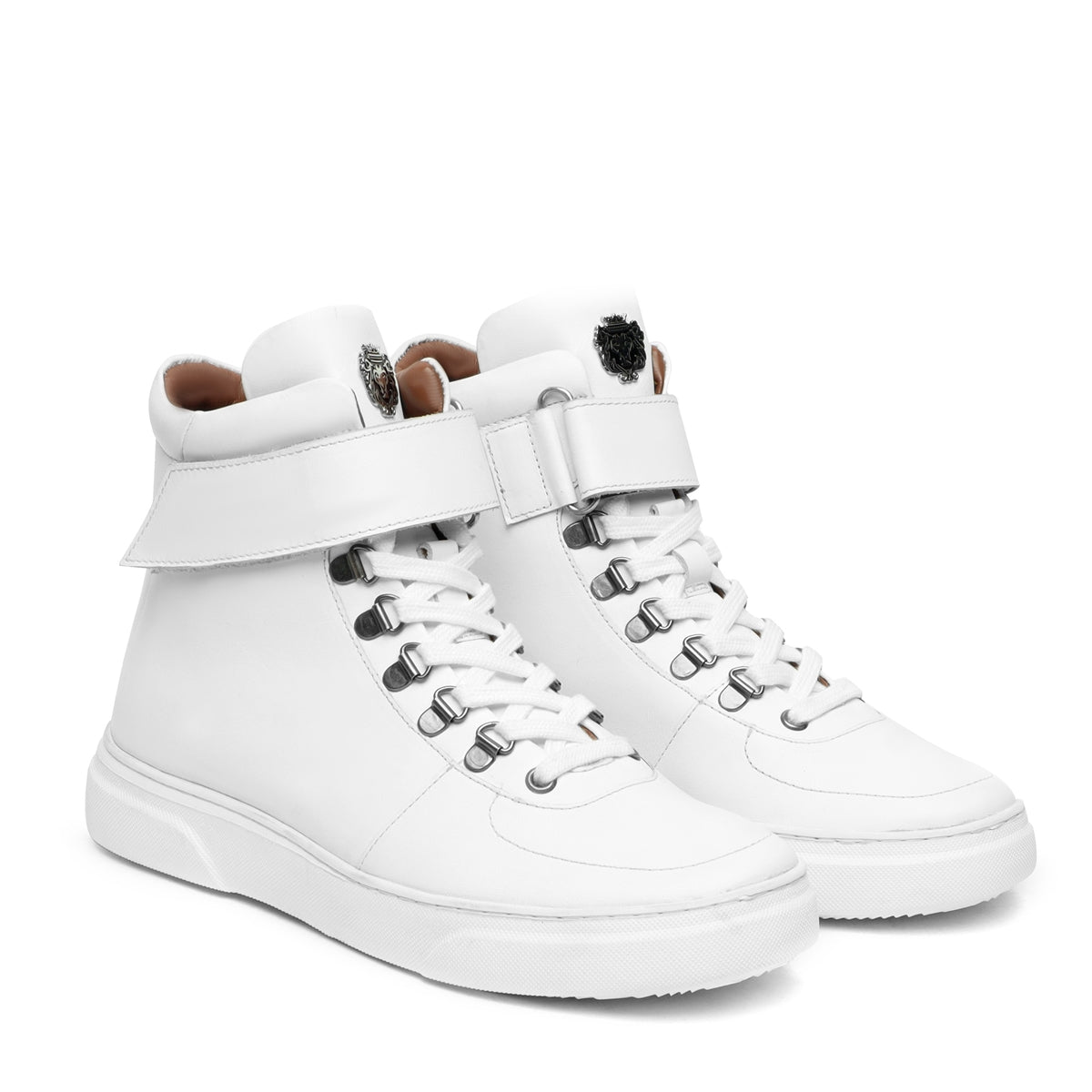 White Leather Lace Ups with Adjustable Leather Strap Mid-Top Sneakers