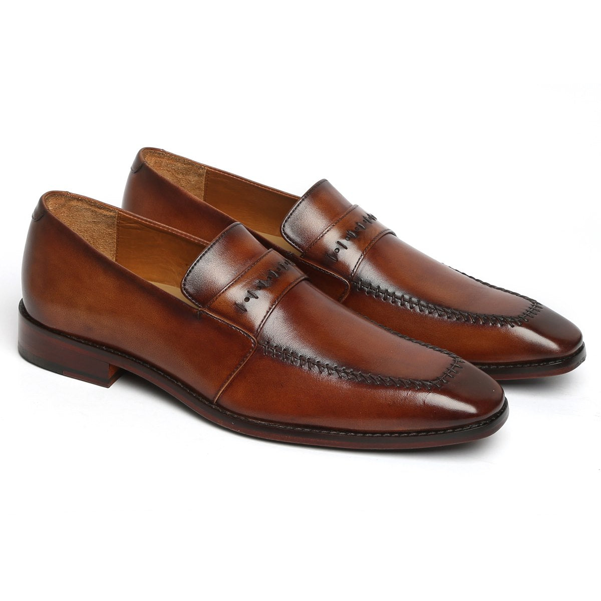 Cognac Stitched Design Apron Toe Leather Penny Loafers with Leather So